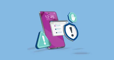 The image shows a mobile phone with icons around it including "stop" sign and two scam alerts.